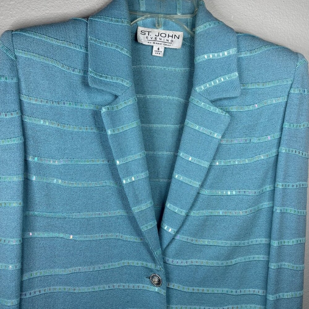 St. John Evening Blue Sequin 2-Piece Skirt Suit | Jeweled Buttons | Jacket 4 / S